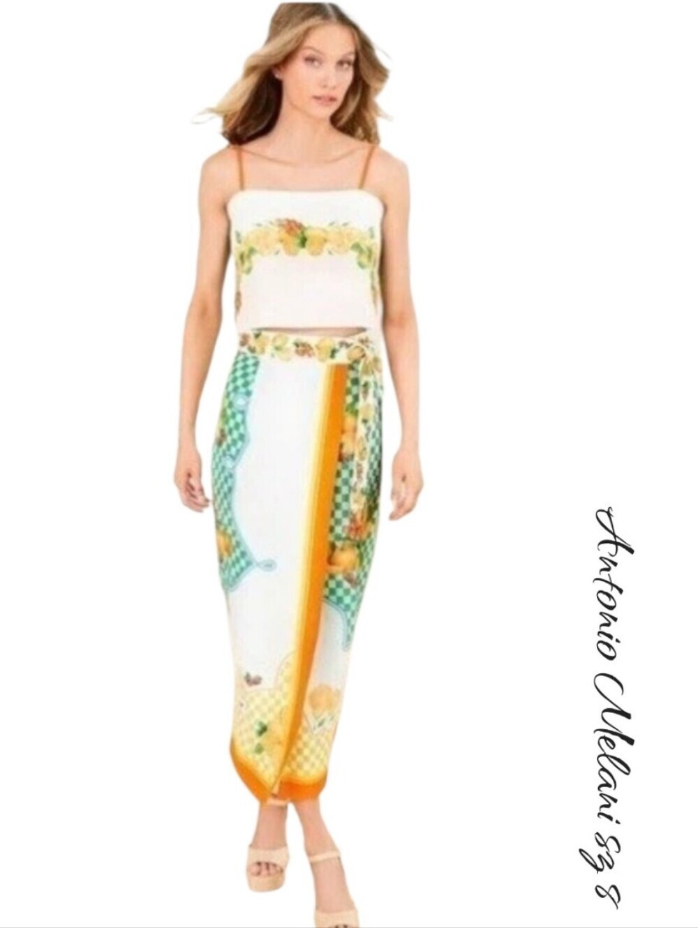 Antonio Melani Callista Citrus Fruit Print Linen Skirt & Crop Top Set Clio 8 NWT